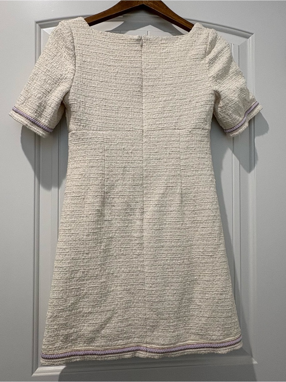 Maje Ranessa Dress EU 36 Chic Cream Textured Short-Sleeve with Lavender Piping - Picture 6 of 6